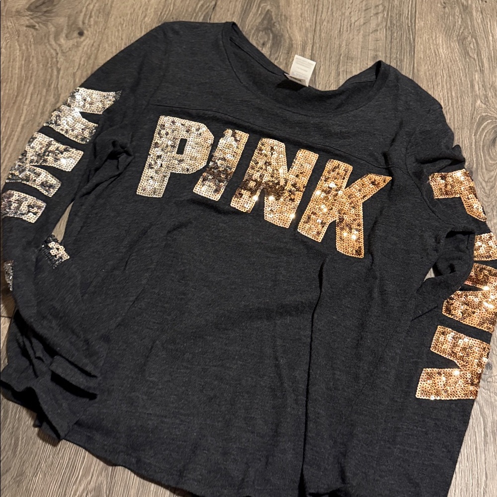 PINK Sequin Logo Long Sleeve Tee - Black with Rose Gold Sequins